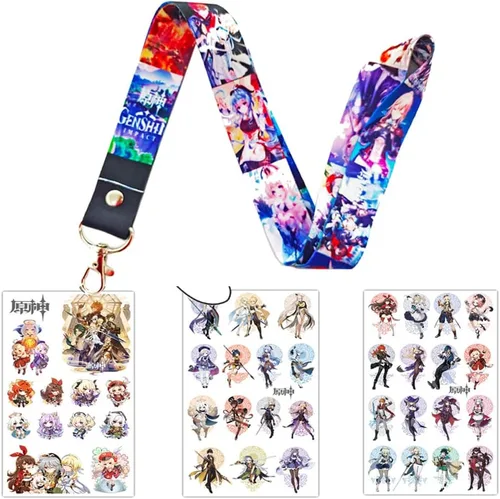 Vista 4 de YUANHUISHENG Genshin Impact Merch - Juego de regalo 1 mochila Genshin Impact con cordón, 50 calcomanías de dibujos animados, 1 cordón, 2 llaveros