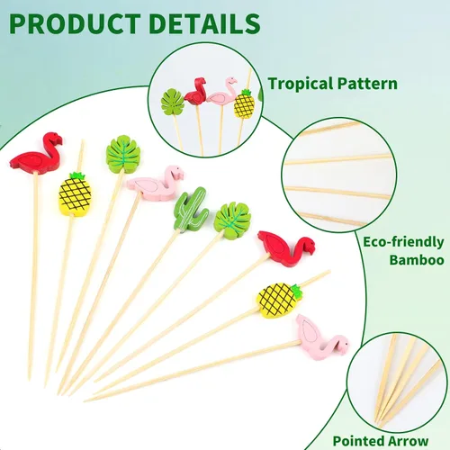 Vista 7 de FOIMAS 160 piezas de selecciones de cóctel tropicales Hawaii palillos de bambú palillos de dientes de cactus hojas de palma para aperitivos