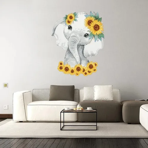 Vista 3 de Divertidos calcomanías de vinilo de elefante de animales para decorar el hogar, lindo elefante bebé con tocado de girasol, calcomanías
