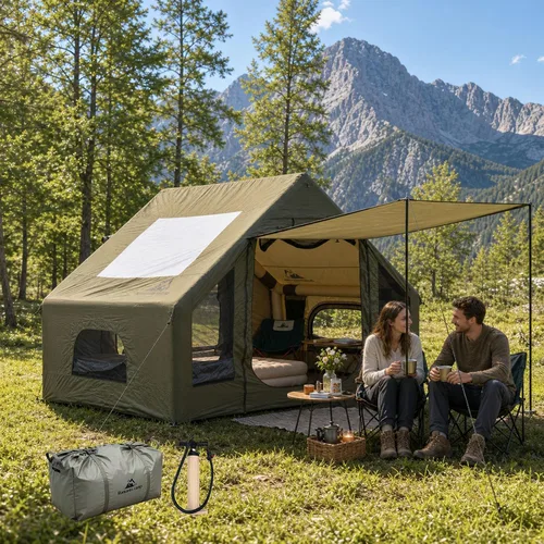 Vista 14 de Tienda de campaña inflable para campamento, instalación rápida con bomba, tienda de campaña Oxford impermeable de 4 estaciones con tragaluz, tienda
