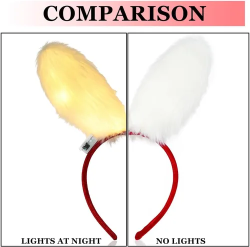 Vista 4 de Uranian Diademas de orejas de conejo iluminadas, diademas de orejas de conejo blancas, diadema de conejo peluda con luces LED, aro luminoso