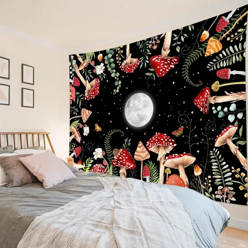 Vista 12 de HVEST Tapiz retro rojo de hongos para colgar en la pared, diseño floral rosa con fresa y mariposa en beige, tapiz para dormitorio, flores, plantas
