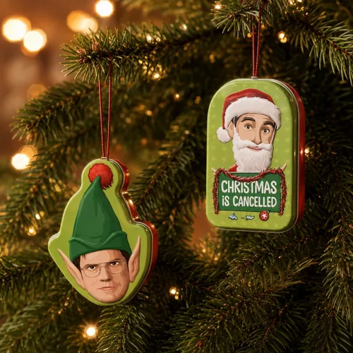 Vista 3 de Retail Sales Solutions The Office Holiday Christmas is Cancelled - Dos (2) adornos coleccionables/adornos de Santa Michael y Elf Dwight rellenos