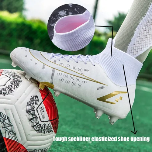 Vista 5 de HHY Botines de fútbol para hombre, zapatos de fútbol de caña alta, antideslizantes, para interiores y exteriores, césped firme, botas de combate