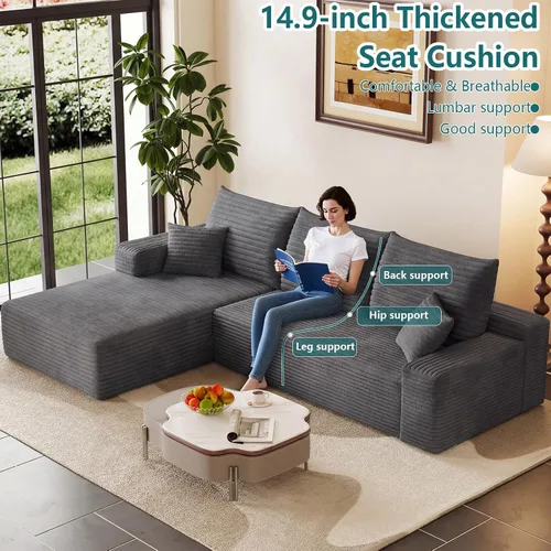 Vista 4 de Sofá modular de 95 pulgadas, sofá de nube en forma de L sin hueso con diván, asiento profundo tapizado de pana de espuma viscoelástica, no requiere