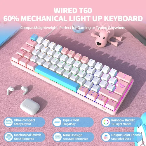 Vista 2 de ZIYOU LANG Teclado mecánico T60 con cable 60% TKL para juegos con retroiluminación LED arco iris ultra compacto NKRO Interruptor táctil azul clicky