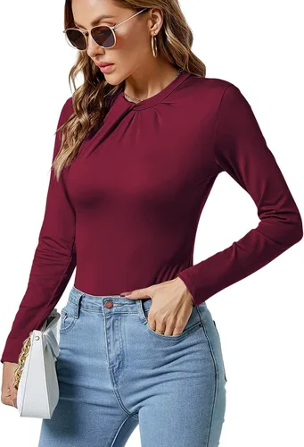Vista 4 de LYANER Leotardo básico plisado de manga larga con cuello fruncido para mujer