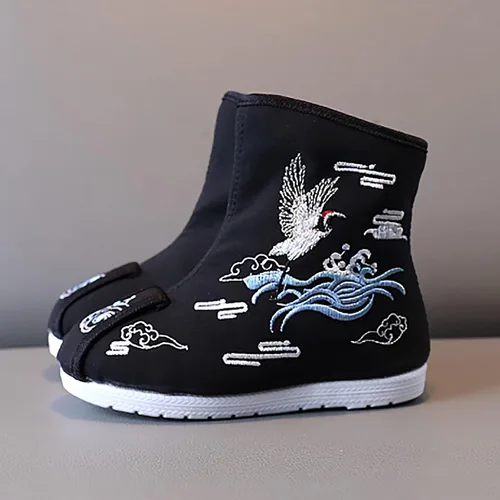 Vista 4 de 1-12T Botas de tacón alto para niños, zapatos de tela bordados, zapatos Hanfu para niños, botas de año chino, zapatillas para niñas