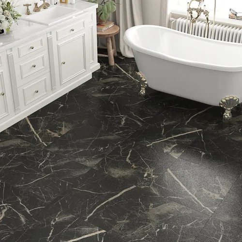 Vista 6 de Azulejos de mármol negro mate para despegar y pegar, láminas de vinilo impermeables para baño, baldosas de mármol negro, 5 unidades autoadhesivas