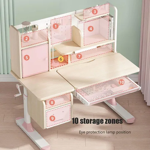 Vista 7 de FCD Mesa de estudio ergonómica multifunción de madera ajustable para niños, mesa de dibujo y estación de computadora con estante para libros