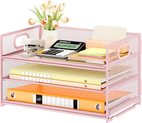 Vista 25 de SUBEKYU 2 paquetes de organizador de bandejas de cartas de 3 niveles para escritorio, organizador clasificador de archivos de malla metálica negra