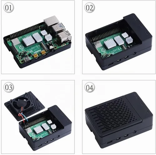Vista 3 de GeeekPi Funda con ventilador PWM para Raspberry Pi 4, 18W 5V 3.6A USB-C fuente de alimentación para Raspberry Pi 4, disipadores de calor, lector