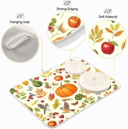 Vista 4 de Tapete de secado de platos de calabaza de otoño con girasol para encimera de cocina, absorbente, almohadilla de microfibra para secar platos