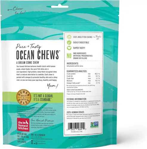 Vista 2 de The Honest Kitchen Golosinas para perros Human Grade Ocean Chews™ Hearty Wolffish Skins, 3.25 oz (Beams™)