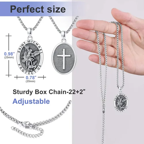 Vista 4 de LOOVE Collar de plata de ley 925 de San MiguelSan CristópaloCrucifijo de JesúsSan BenitoVirgen María milagrosa para hombres y mujeres arcángel
