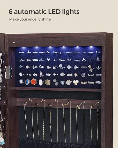 Vista 3 de SONGMICS Gabinete colgante de joyería, gabinete de pared con luces interiores LED, organizador de joyas montado en la puerta, espejo de cuerpo