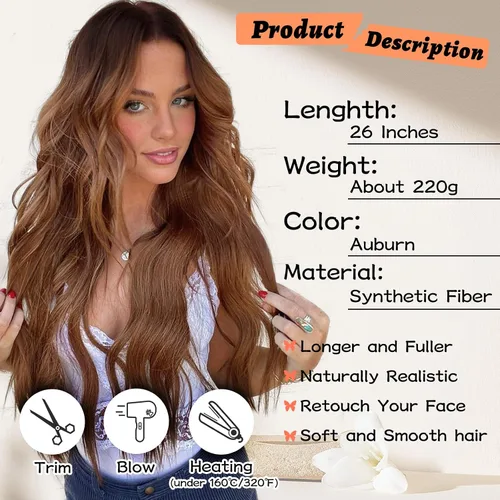 Vista 3 de NAYOO Pelucas largas y onduladas de color castaño rojizo para mujer, peluca rizada ondulada con raíces oscuras, pelucas sintéticas de fibra
