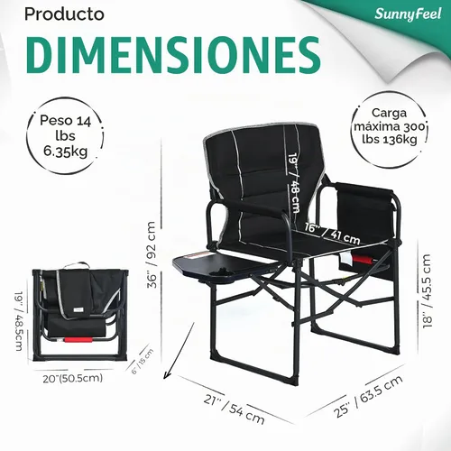 Vista 3 de SUNNYFEEL Silla de Camping para Directores, Silla Plegable Portátil de Gran Tamaño, Resistente, con Mesa Lateral y Bolsillo para Playa, Pesca