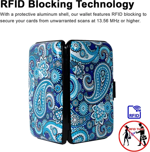 Vista 5 de Tarjetero pequeño con bloqueo RFID, cartera de metal delgado de aluminio, para mujeres y hombres