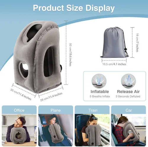 Vista 6 de MoKo Almohada inflable de viaje, almohada para el cuello con bolsa de almacenamiento, gris