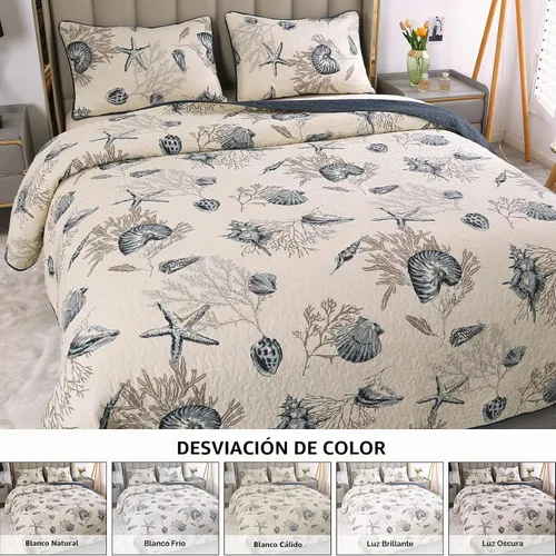 Vista 6 de Juego de ropa de cama 3 piezas, cobertor acolchonado tamaño Queen de algodón. Azul y blanco.