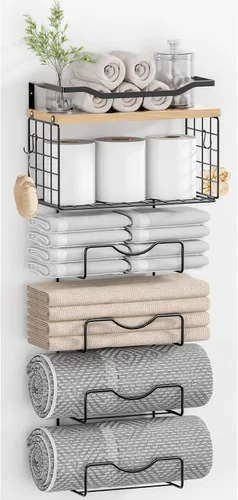 Vista 10 de Toalleros para baño, toallero montado en la pared, soporte para toallas de 6 niveles enrolladas o dobladas con estantes flotantes, portotoallas