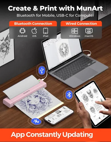Vista 4 de MUNBYN ITP05S - Impresora de plantillas de tatuaje, impresora térmica inalámbrica Bluetooth con 20 hojas de papel de transferencia, compatible