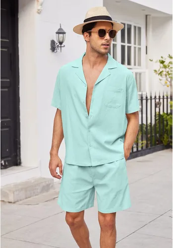 Vista 3 de COOFANDY Camisas de lino de manga corta con botones para hombre, conjunto corto hawaiano de playa de 2 piezas