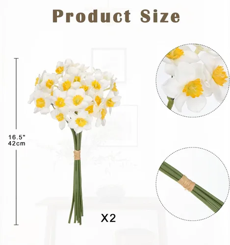 Vista 2 de Briful 12 tallos de narcisos artificiales, 2 racimos de flores artificiales de tacto real, flores de narciso falsas de seda de 9 pulgadas, ramo