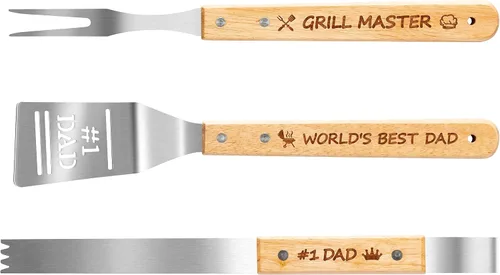 Vista 8 de Haooryx - Set de herramientas para parrilla del Día del Padre - 3 piezas, kit de accesorios de parrilla de acero inoxidable Super Daddio, pinza