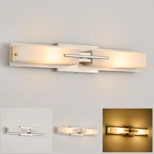 Vista 13 de VitaLink Lámpara de tocador dorada, 24 pulgadas, moderna lámpara de pared de baño sobre espejo de tocador, 2 luces cableadas de vidrio blanco