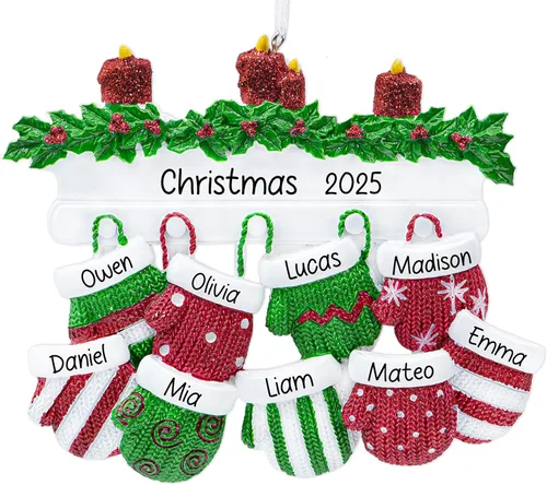 Vista 7 de Adorno de Navidad personalizado para familia de 6 miembros 2026 Manoplas con velas con purpurina en la decoración del árbol de Navidad del manto