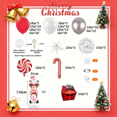 Vista 4 de Kit de arco de guirnalda de globos de Navidad con globos rojos y blancos plateados, globos de confeti, dulces, bastón, estrella de explosión, caja