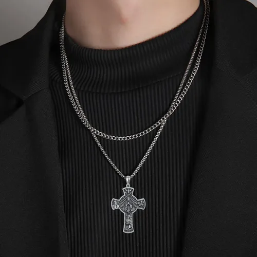 Vista 4 de StoryEtain 925 Sterling Silver Patron Saint Medals Amulet Protection Pandent Necklace Cross Faith Jewelry for Men(2.5mm 22"+2" Rolo Chain)
