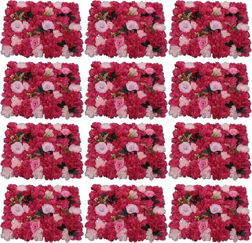 Vista 18 de Paneles de pared de flores 3D, 12 paneles de pared de flores artificiales, rosas de seda, fondo de pared de flores sintéticas decorativas