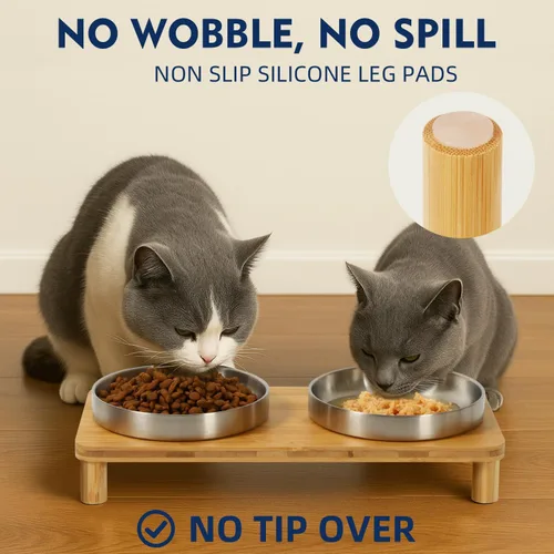 Vista 2 de DoogCat Cuencos elevados para gatos de interior – Mesa elevada de bambú para gatos con 2 platos de acero inoxidable, altura ajustable
