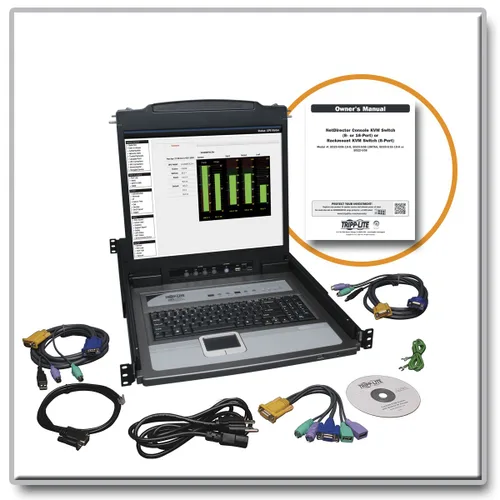 Vista 4 de Tripp Lite NetDirector KVM de consola de 8 puertos con LCD de 19 pulgadas, 8 kits de cables combinados USB/PS2, seguridad de contraseña de 2
