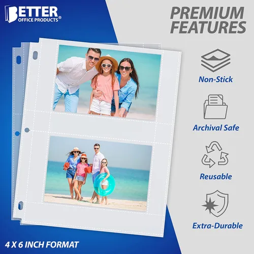 Vista 5 de Better Office Products Recambios pesados de 4 x 6 pulgadas para carpeta de 3 anillos transparentes de diamante, 100 fotos en total, cada hoja de 2