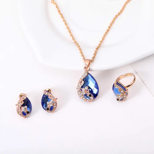 Vista 4 de Ezing Conjunto de collar de cristal de lágrima chapado en oro para mujer, anillos y pendientes