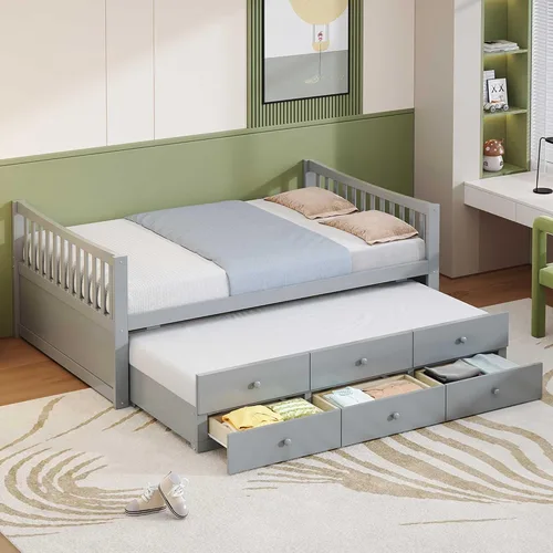 Vista 10 de Cama de almacenamiento de plataforma de tamaño individual, sofá cama individual de madera maciza con 6 cajones de almacenamiento, gris