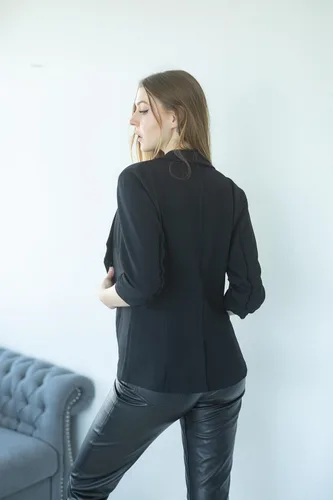 Vista 4 de Beyove Chaqueta de trabajo ligera con manga fruncida 34 para mujer, parte delantera abierta, para trabajo y oficina (S-3XL)