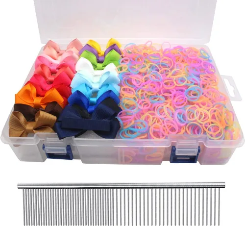Vista 12 de YOY 20 adorables lazos para el pelo de perro con clips y 1000 bandas de goma y 1 peine de acero para peluquería, nudo superior de cachorro, moño