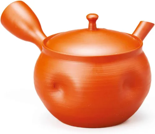 Vista 2 de Tetera redonda japonesa Kyusu, cerámica tradicional Tokoname, 320 cc, naranja y Shidarezakura Tamahikari flores de cerezo, con filtro integrado