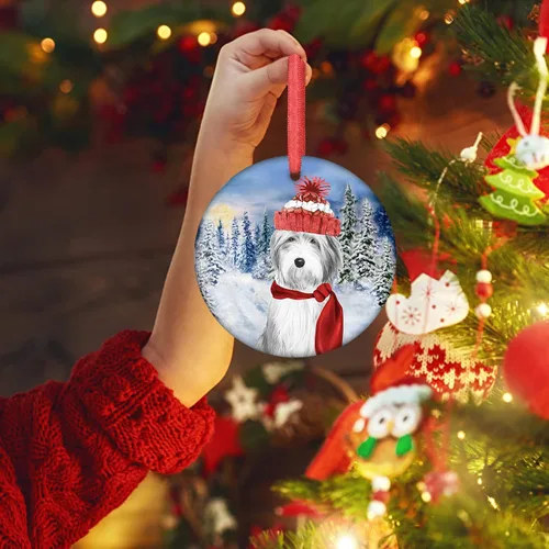 Vista 5 de Adorno de Navidad 2021 Perro Coton De Tulear Santa Porcelana Adorno de Navidad Coton De Tulear Cachorro Mascota Adornos de Árbol de Navidad Redondo
