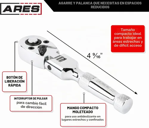 Vista 4 de ARES 42043 Flex Head Stubby Trinquete, trinquete de 72 dientes