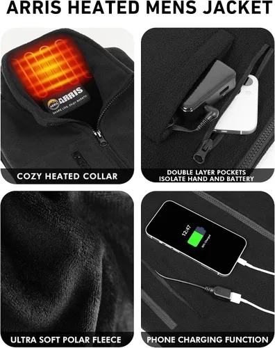 Vista 3 de ARRIS Men`s Heated Fleece Jacket with Battery, Electric Heating Coat Full Zip with Hand Warmer