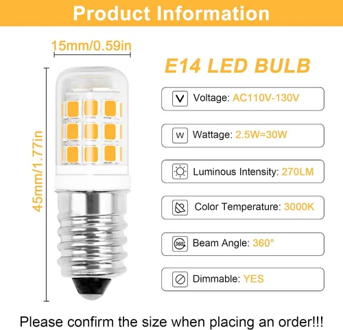 Vista 3 de ZHENMING Bombilla E14 E14 de base europea de 2.5 W, igual a 30 W, bombilla halógena E14, regulable CA 110 V-130 V, blanco cálido, 3000 K, 270