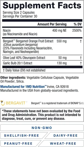Vista 9 de 1MD Nutrition CholestMD con extracto de hoja de olivo, Bergavit, niacina, ajo 60 cápsulas