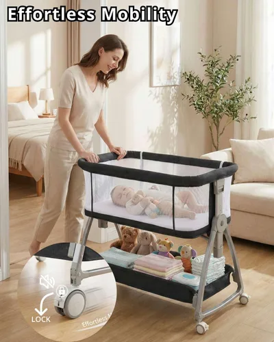 Vista 2 de Cuna de Bebé para Colocar al Lado de la Cama con Ruedas, Cuna Portátil 3-en-1 para Recién Nacido, Cuna de Dormir Lateral con Altura Ajustable