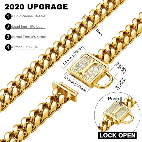 Vista 3 de Collar de cadena para perro con cierre de circonita de 0.472 in, cadena de eslabones cubanos de oro de 18 quilates, acero inoxidable, collar de lujo